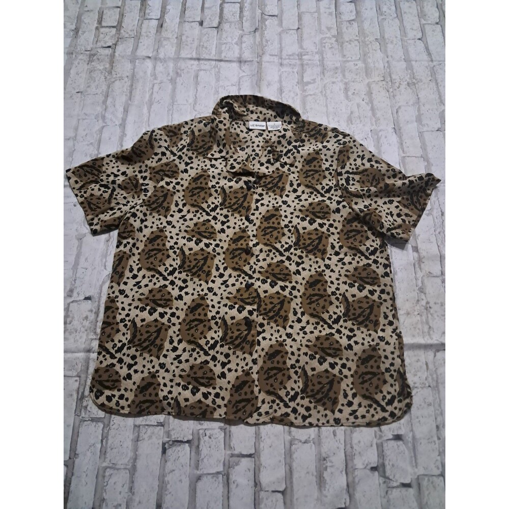 Liz Baker Women's Size 14 Button Up Blouse Animal Print Short Sleeve Lightweight